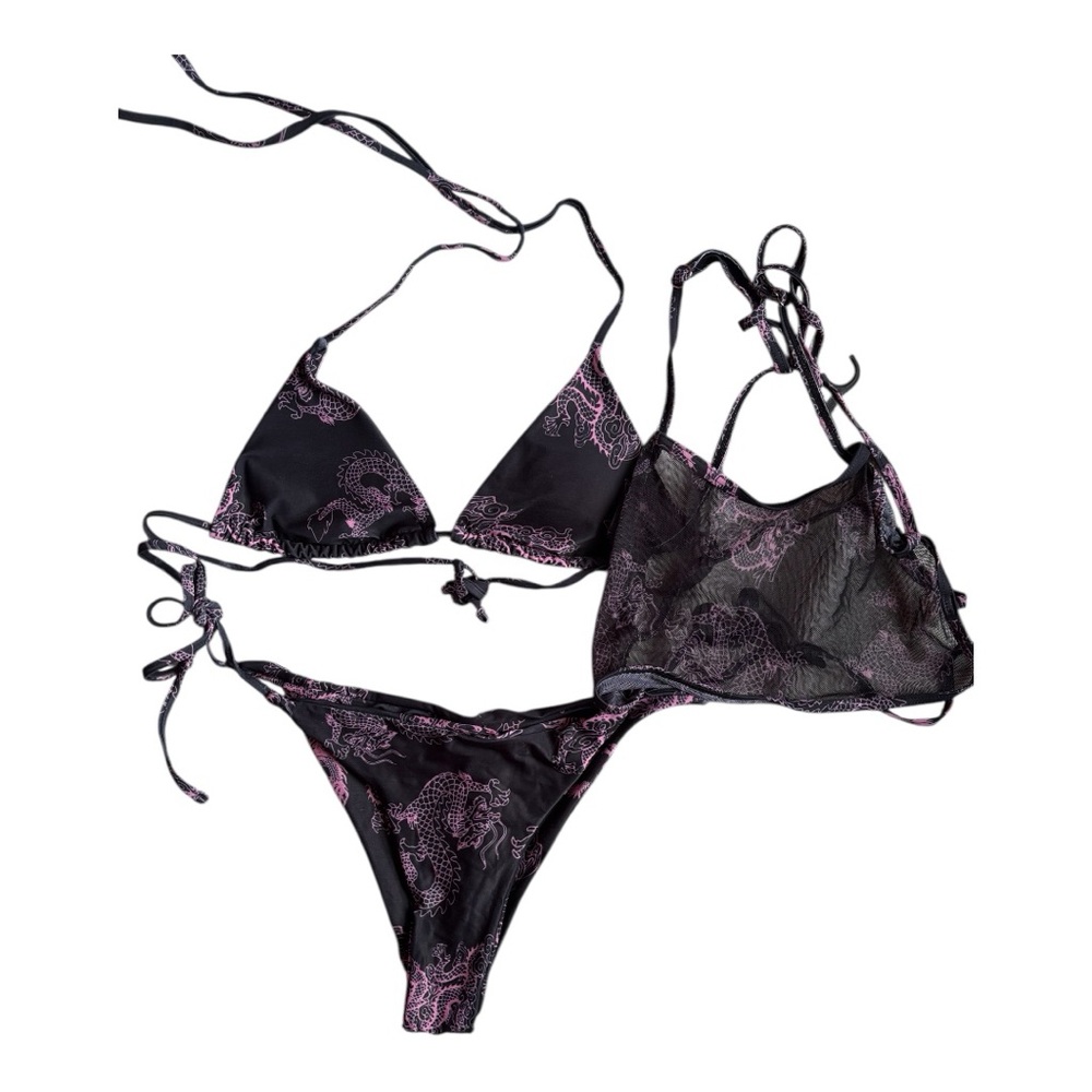Black and Pink Chinese Dragon Four Piece Bikini Set